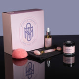 Beauty gift set UK, Rose Quartz facial roller, rose konjac cleansing sponge, facial oil and face mask